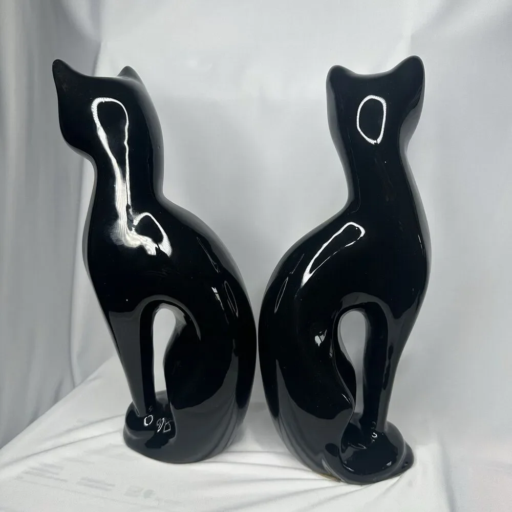 VTG Artmark Fine Ceramic Midnight Shadows Pair of Black Cats Green Eyes 12.5 in - Picture 6 of 12